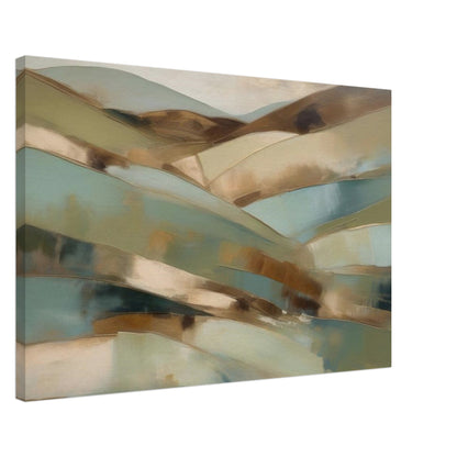 Abstract artwork, inspired by sprawling landscapes and flourishing fields that evoke images of rolling hills painted in soft greens, warm browns, and muted blues. Canvas