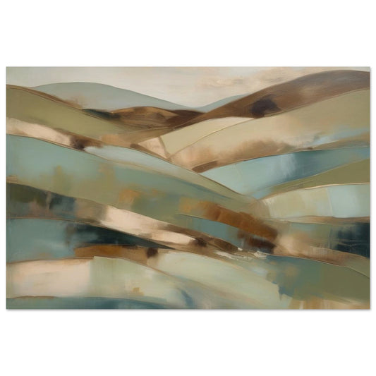 Abstract artwork, inspired by sprawling landscapes and flourishing fields that evoke images of rolling hills painted in soft greens, warm browns, and muted blues. Poster.