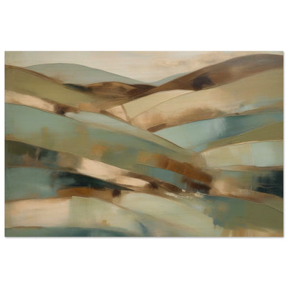 Abstract artwork, inspired by sprawling landscapes and flourishing fields that evoke images of rolling hills painted in soft greens, warm browns, and muted blues. Wood.