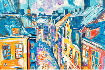 Colorful painting of a street with houses and rooftops
