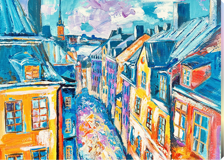 Colorful painting of a street with buildings and a sky.