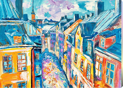 Colorful painting of a street with buildings and a sky.