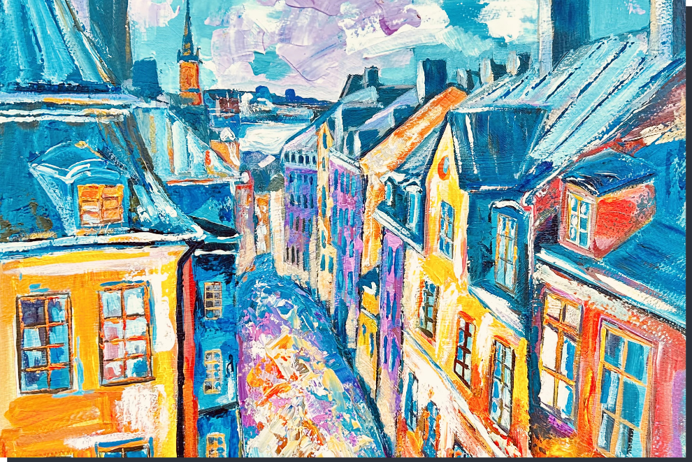 Colorful painting of a cityscape with buildings and rooftops.