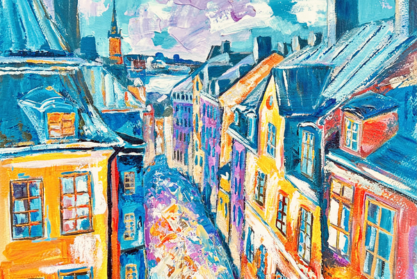 Colorful painting of Gamla Stan colorful european street with buildings and rooftops in blue, yellow and a touch of purple.