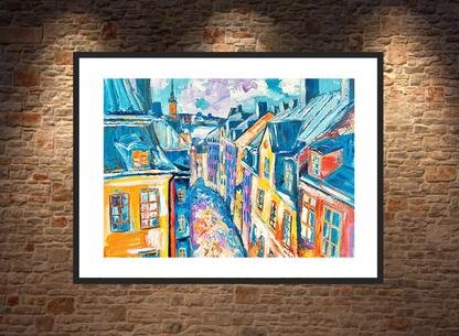 Colorful painting of a cityscape on a brick wall