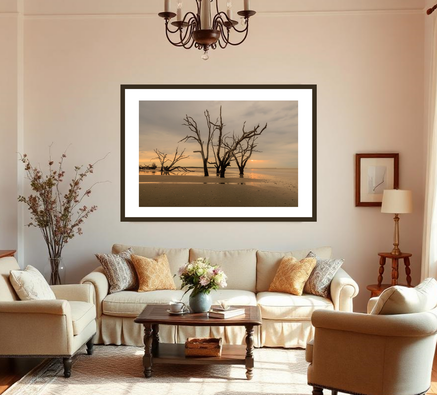 Living room with beige sofa, armchair, and coffee table, featuring a framed beach scene on the wall.