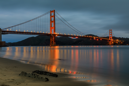 Golden Gate Bridge at night with water reflection
