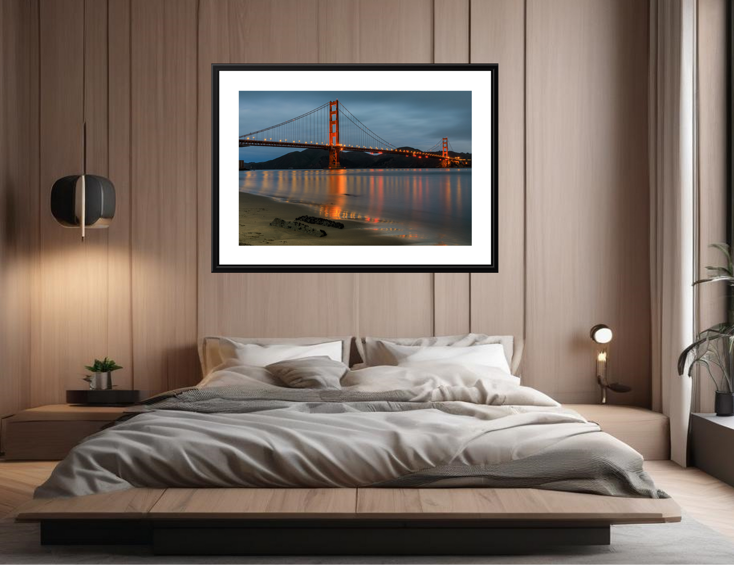 Modern bedroom with a framed picture of a bridge on the wall.