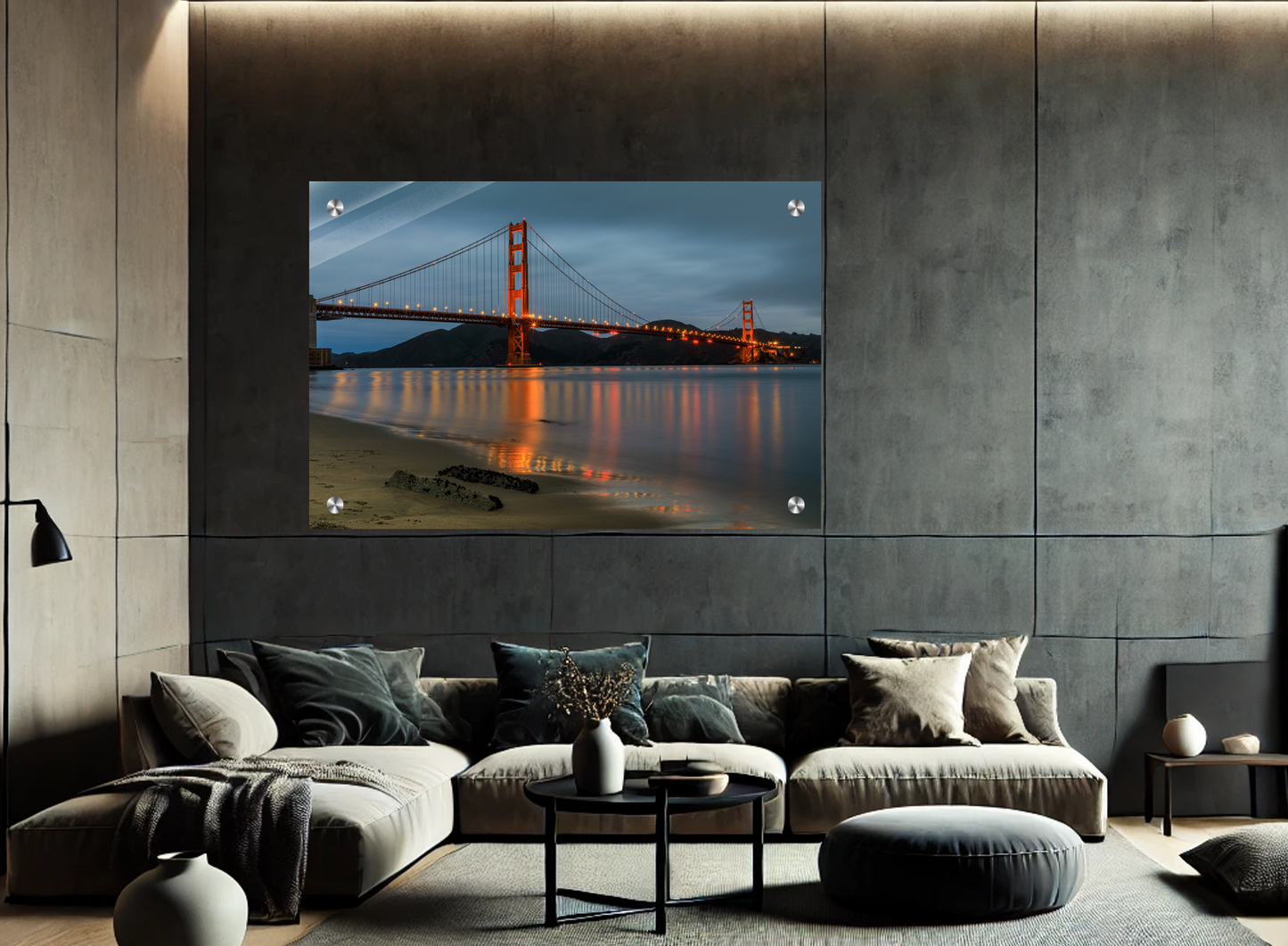 Modern living room with a large TV displaying a bridge scene, surrounded by a gray sofa and decor.