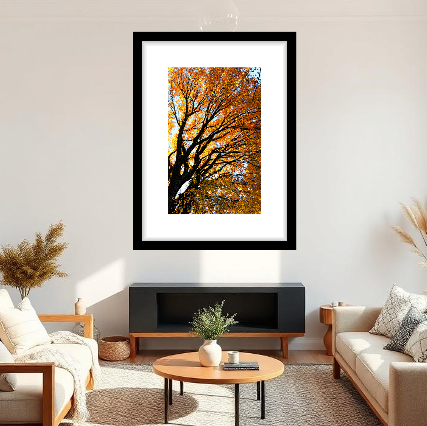 Framed artwork of a tree with autumn leaves in a rustic-style living room setting.