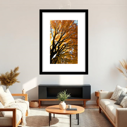 Framed artwork of a tree with autumn leaves in a rustic-style living room setting.