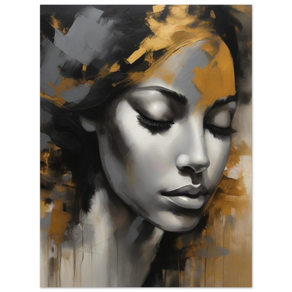 Subtle. Serene. Unshakably elegant. “Grace” honors the quiet strength of femininity through a gentle, soul-stirring portrait. A young woman turns slightly to the side, her eyes softly closed in a moment of introspection and ease. Her presence is calm, yet undeniably powerful. Museum-quality materials.