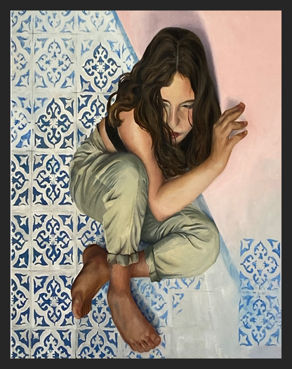 A portrait showing an exquisite depiction of youthful reflection adding a touch of warmth and inspiration. Museum-quality poster and frame.