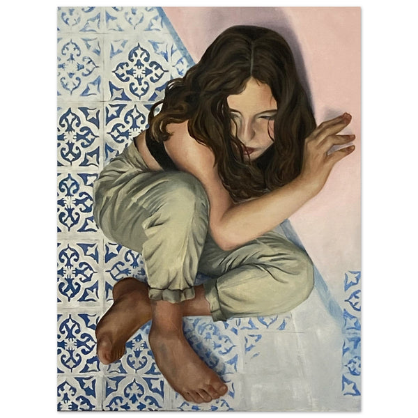 A portrait showing an exquisite depiction of youthful reflection adding a touch of warmth and inspiration. Museum-quality poster.