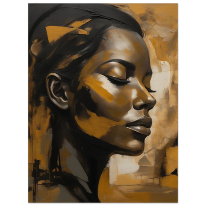 Serene abstract portrait art celebrating feminine strength, calm, and inner peace with gold and ochre tones displaying a woman with her eyes closed  featuring her beautiful face details in a full state of peace. Museum-quality material. Poster material