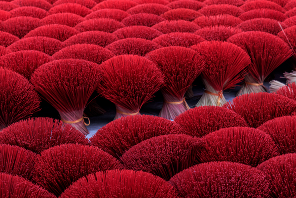Close-up of red feathered items arranged in a pattern