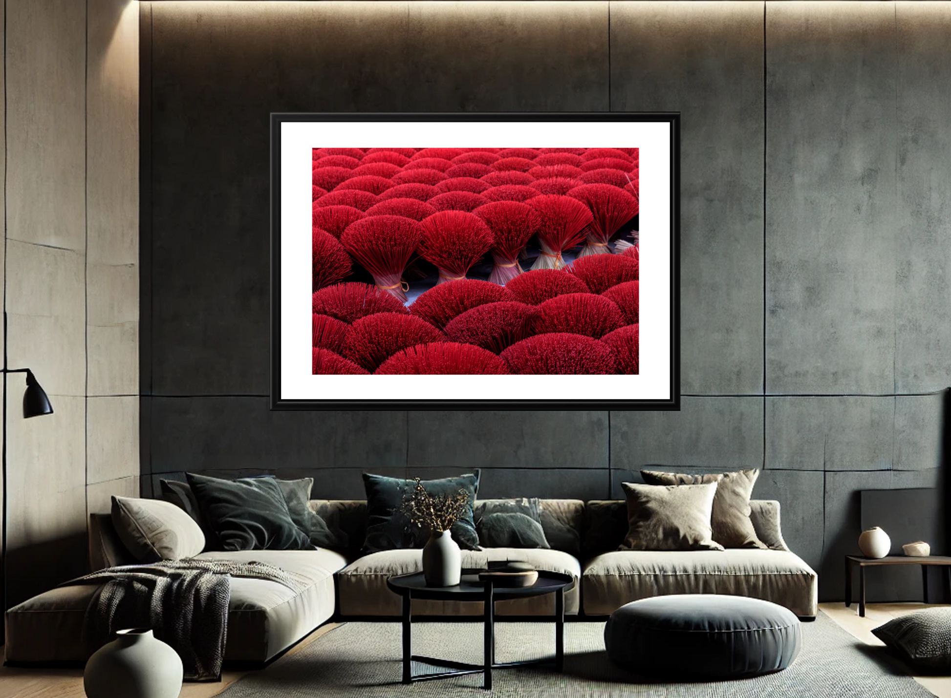 Framed artwork of red inciens on a wall in a modern living room.