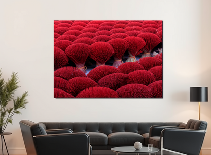 Living room with a large TV screen displaying red floral pattern, black sofa, and decorative items.