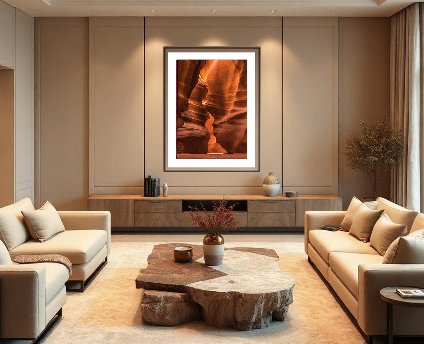 Modern living room with beige sofas, wooden coffee table, and wall art.