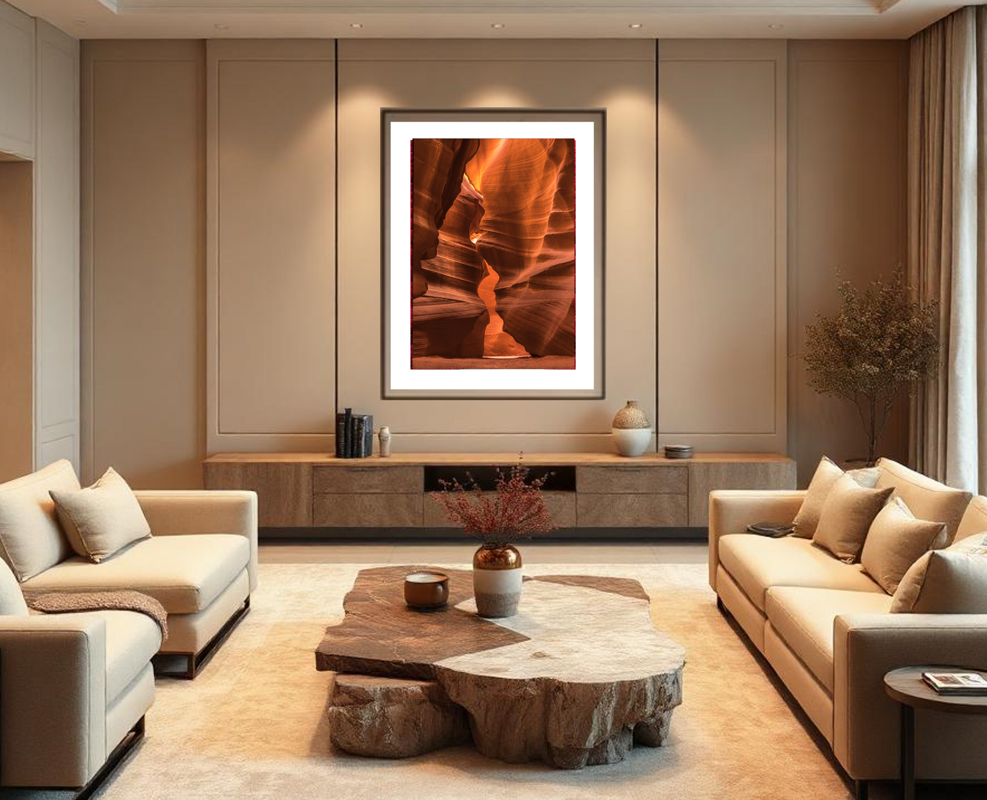 Modern living room with beige sofas, wooden coffee table, and wall art.