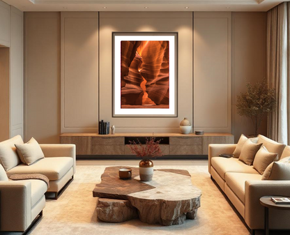 Modern living room with beige sofas, wooden coffee table, and wall art.