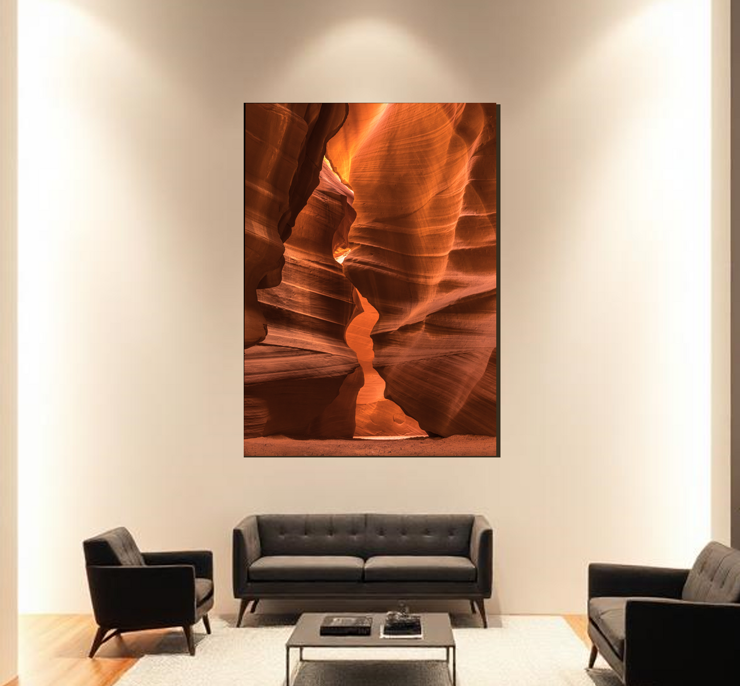 Living room with a large wall art depicting a canyon.