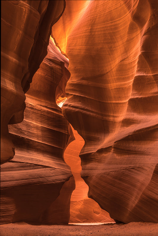 Narrow slot canyon with sandstone walls in Antelope Canyon, Arizona.