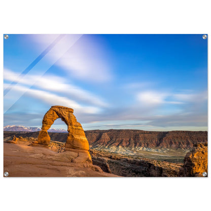 A captivating photography that highlights the stunning topography of the Grand Canyon showcasing a beautifully imperfect natural arch, gracefully formed at the edge of the canyon. Acrylic.