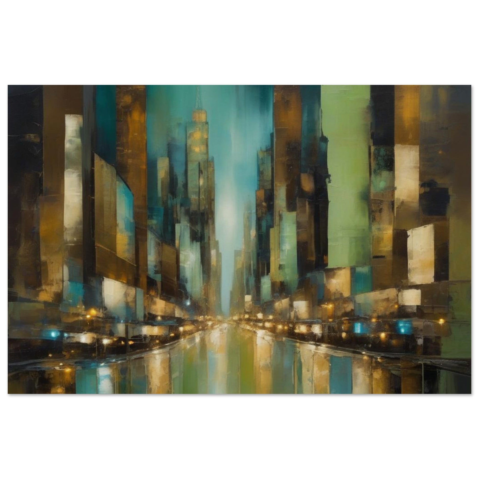 Abstract artwork, inspired by the enchanting allure of New York at night, highlighted with soft greens, warm browns, and muted blues. Poster.