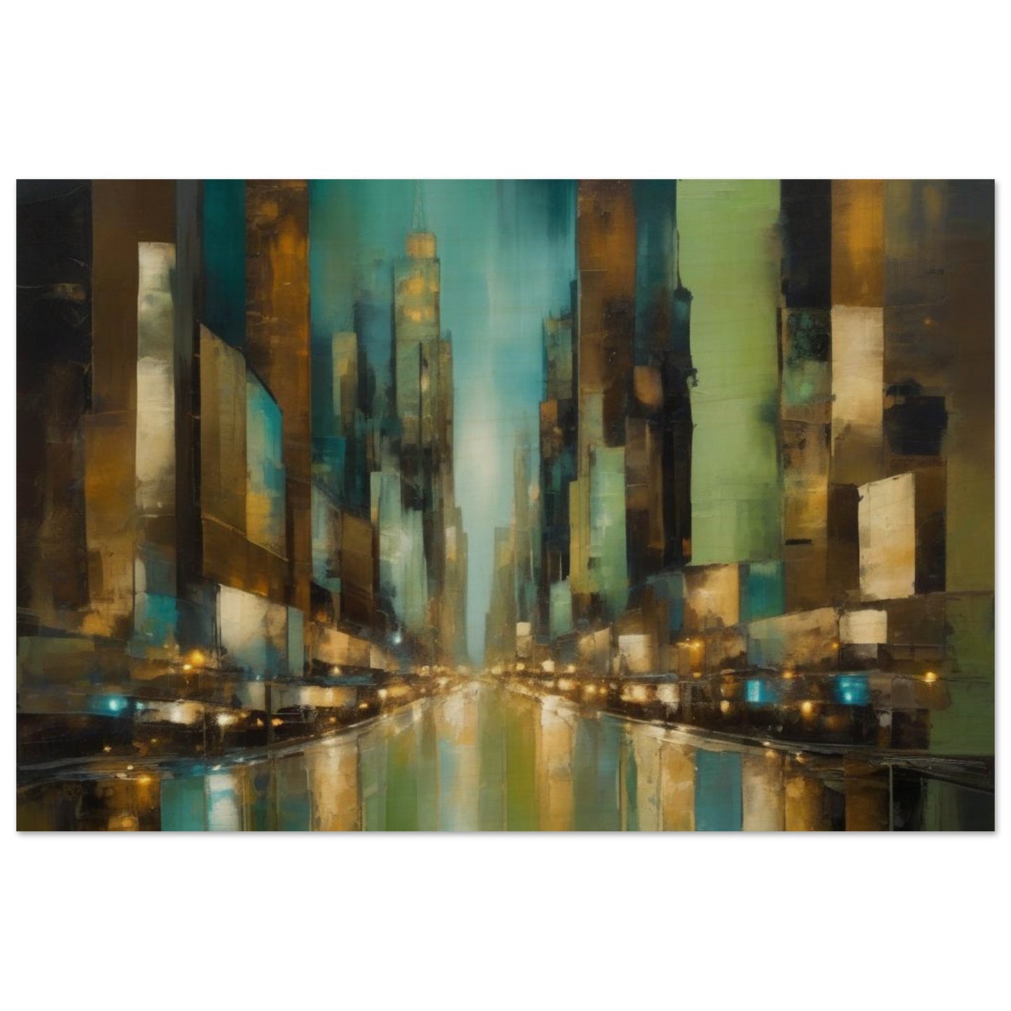 Abstract artwork, inspired by the enchanting allure of New York at night, highlighted with soft greens, warm browns, and muted blues. Wood.