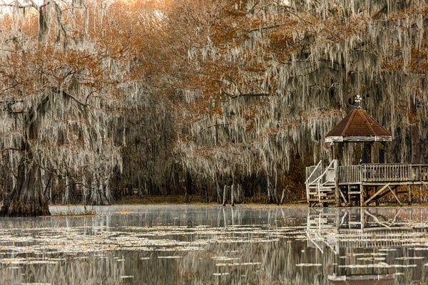 Ocher photography of a beautiful gazebo on a wooden platform over water semi-covered by steam and in the background trees covered in moss.