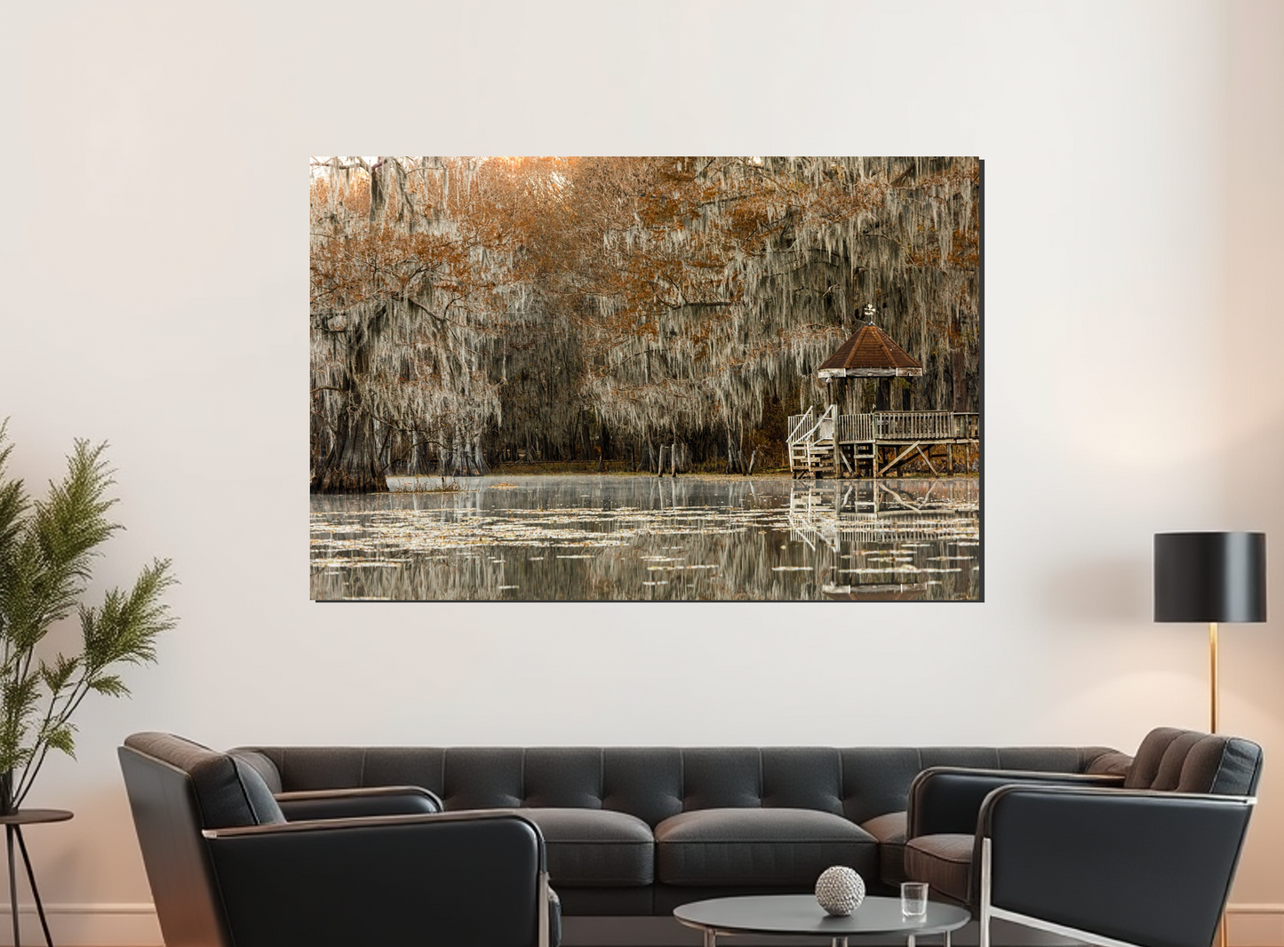 Living room with a large wall art piece depicting a natural landscape.