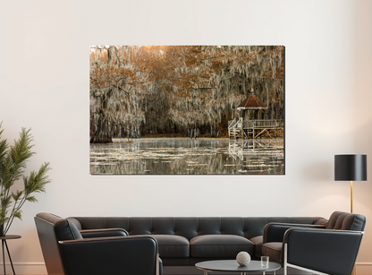 Living room with a large wall art piece depicting a natural landscape.