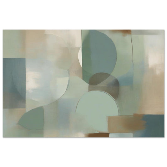 A minimalistic abstract painting inspired by nature, featuring soft greens, warm browns, and muted blues. Poster.