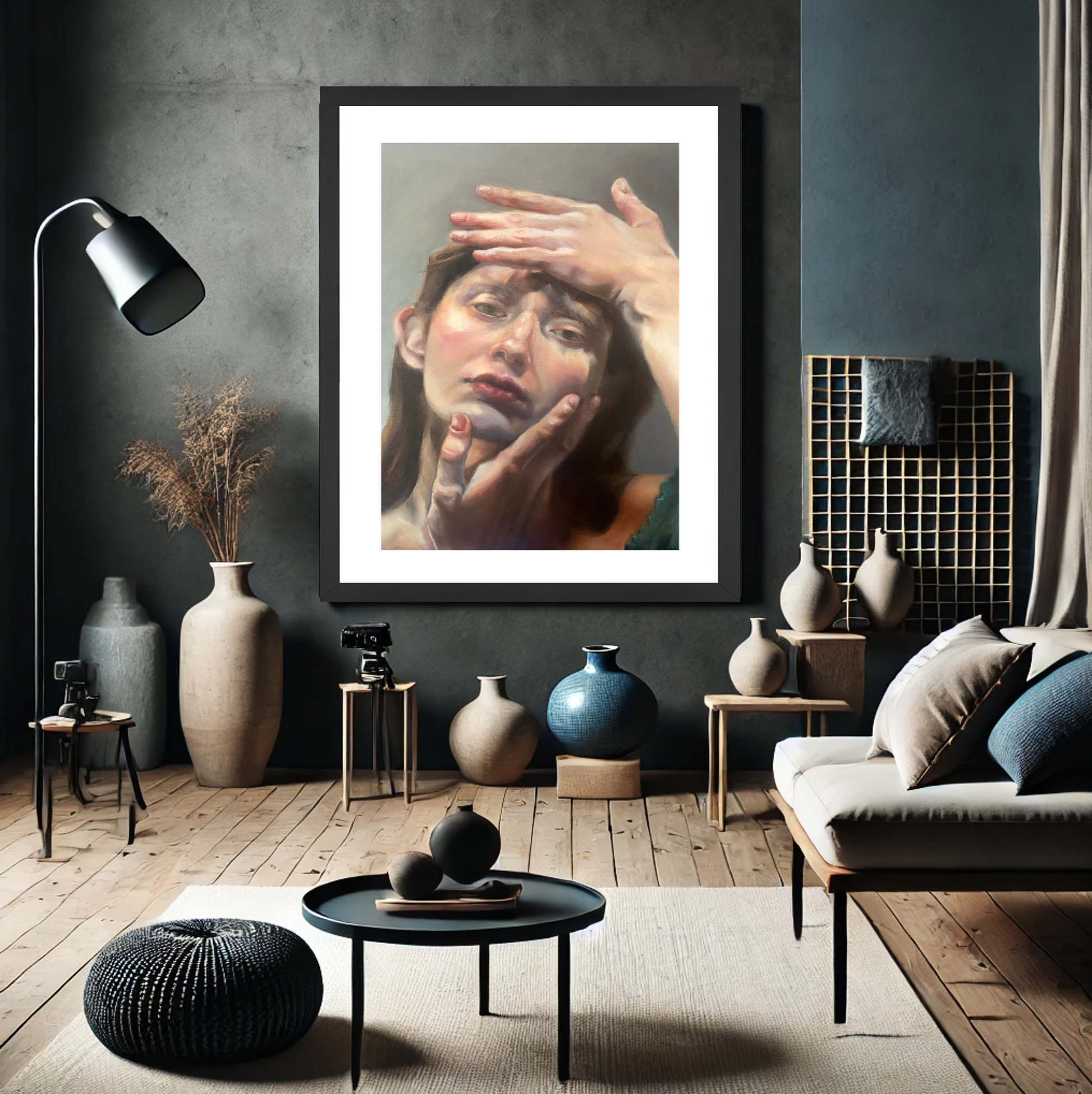 Living room with a framed artwork on the wall, decorative vases, and a sofa.