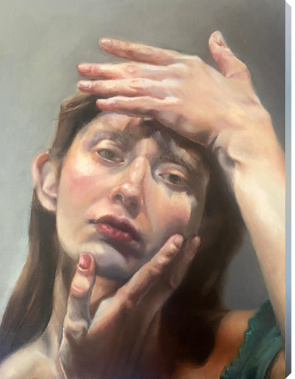 Artistic depiction of a woman with hands on her face against a neutral background