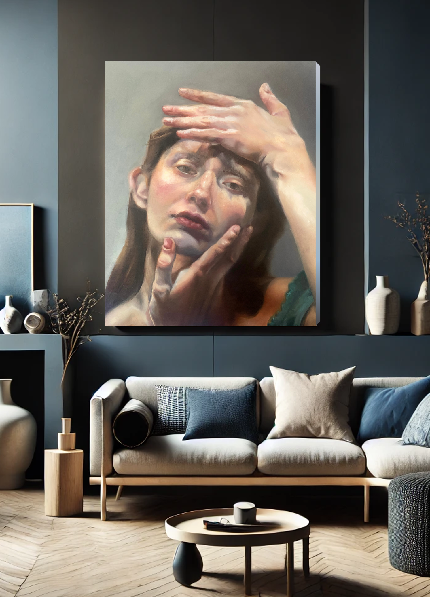 Modern living room with a large wall art piece of a woman's face.
