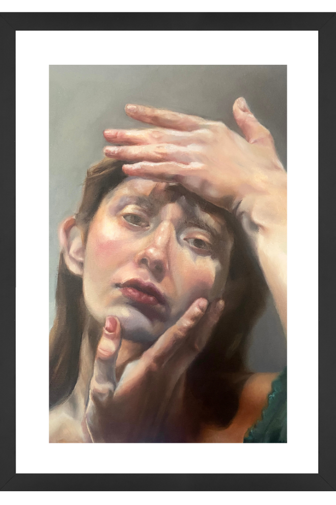 Artistic depiction of a woman with hands on her face, framed in black.