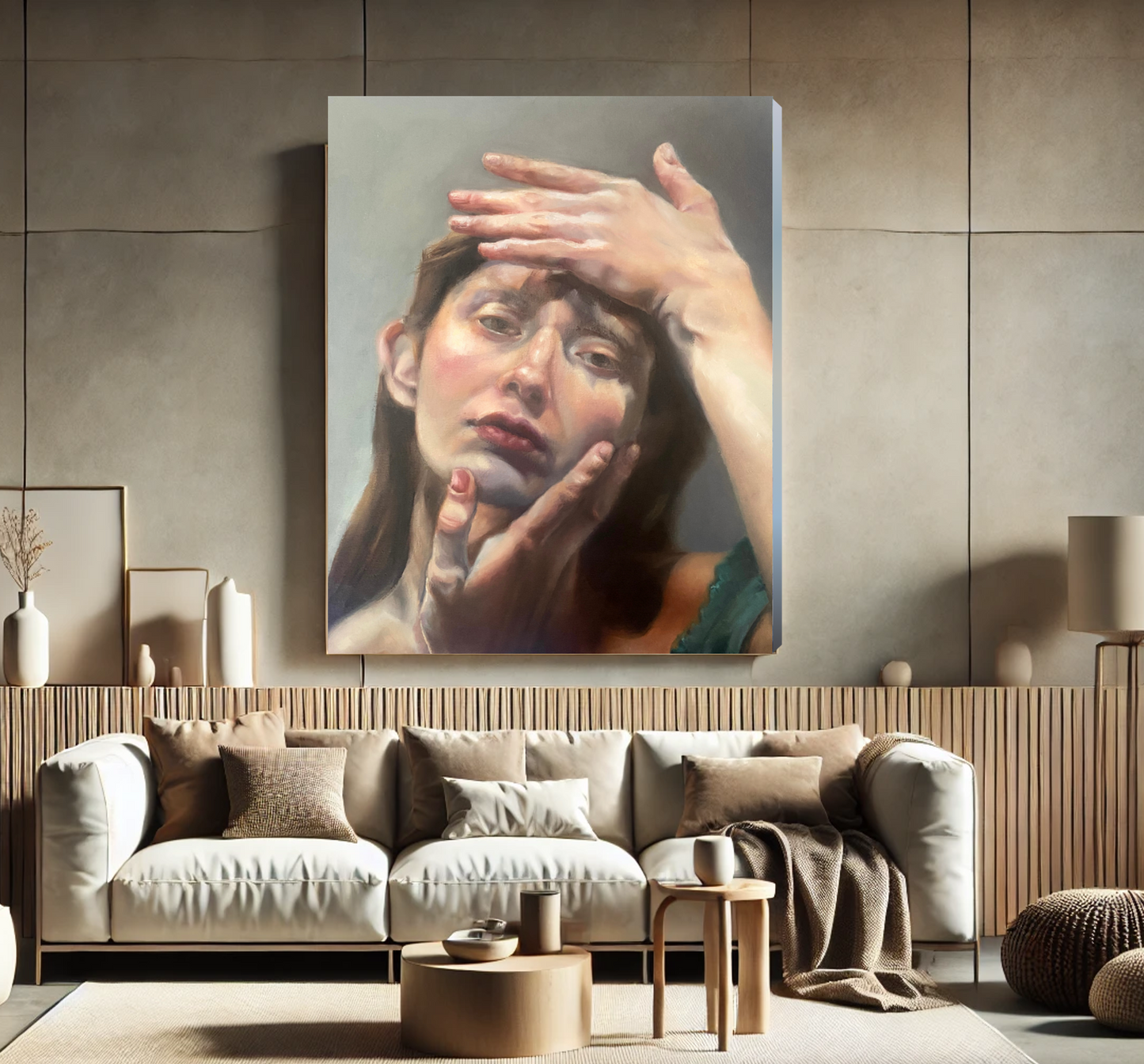 Modern living room with a large painting of a woman's face above a sofa.