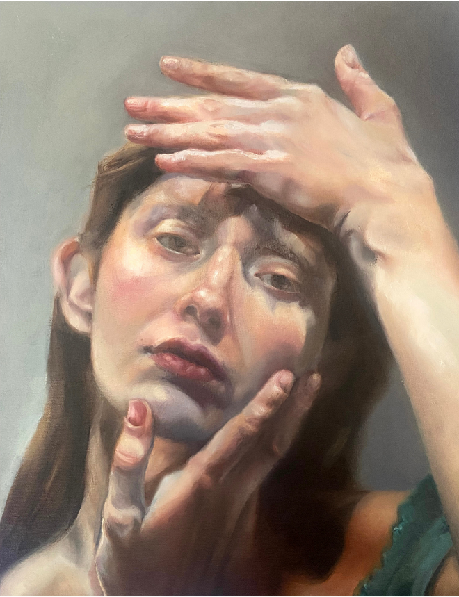 Artistic depiction of a woman with hands covering her face against a neutral background