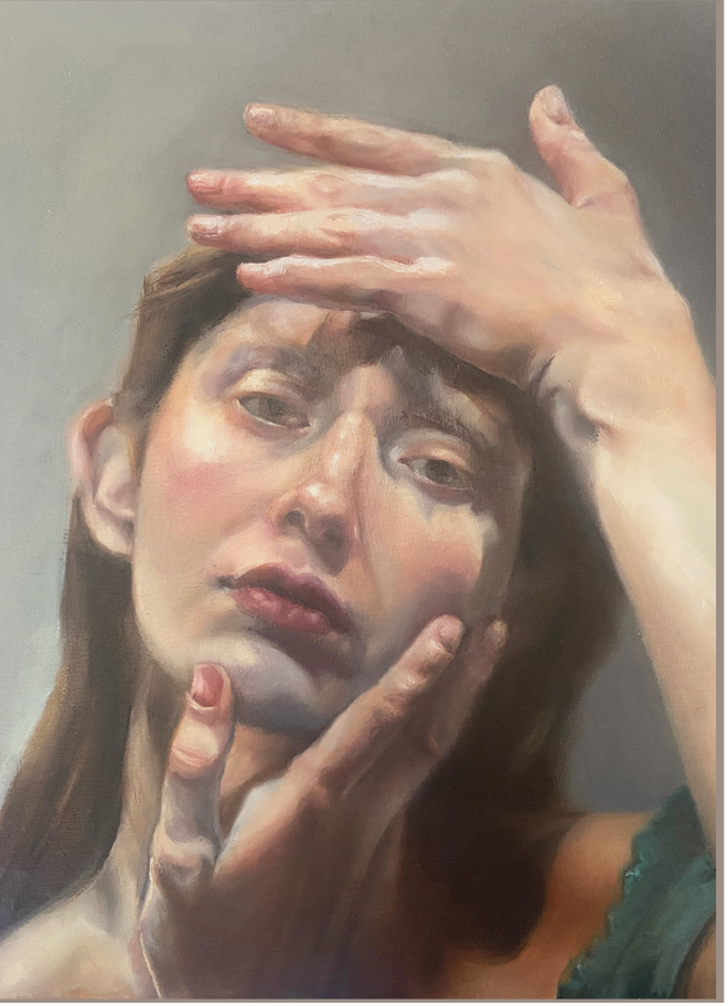 Artistic depiction of a woman with hands on her face against a neutral background