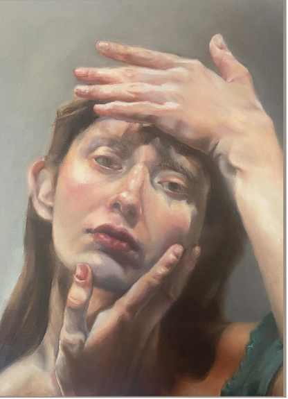 Artistic depiction of a woman with hands on her face against a neutral background