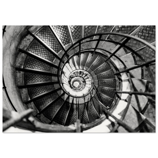 A Black and white photography of an  elegant spiral staircase. Customized size and museum-quality poster, metallic, or acrylic material.