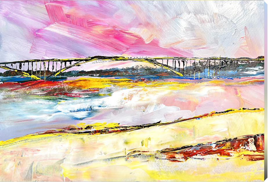 Abstract painting with colorful brush strokes on a rectangular canvas