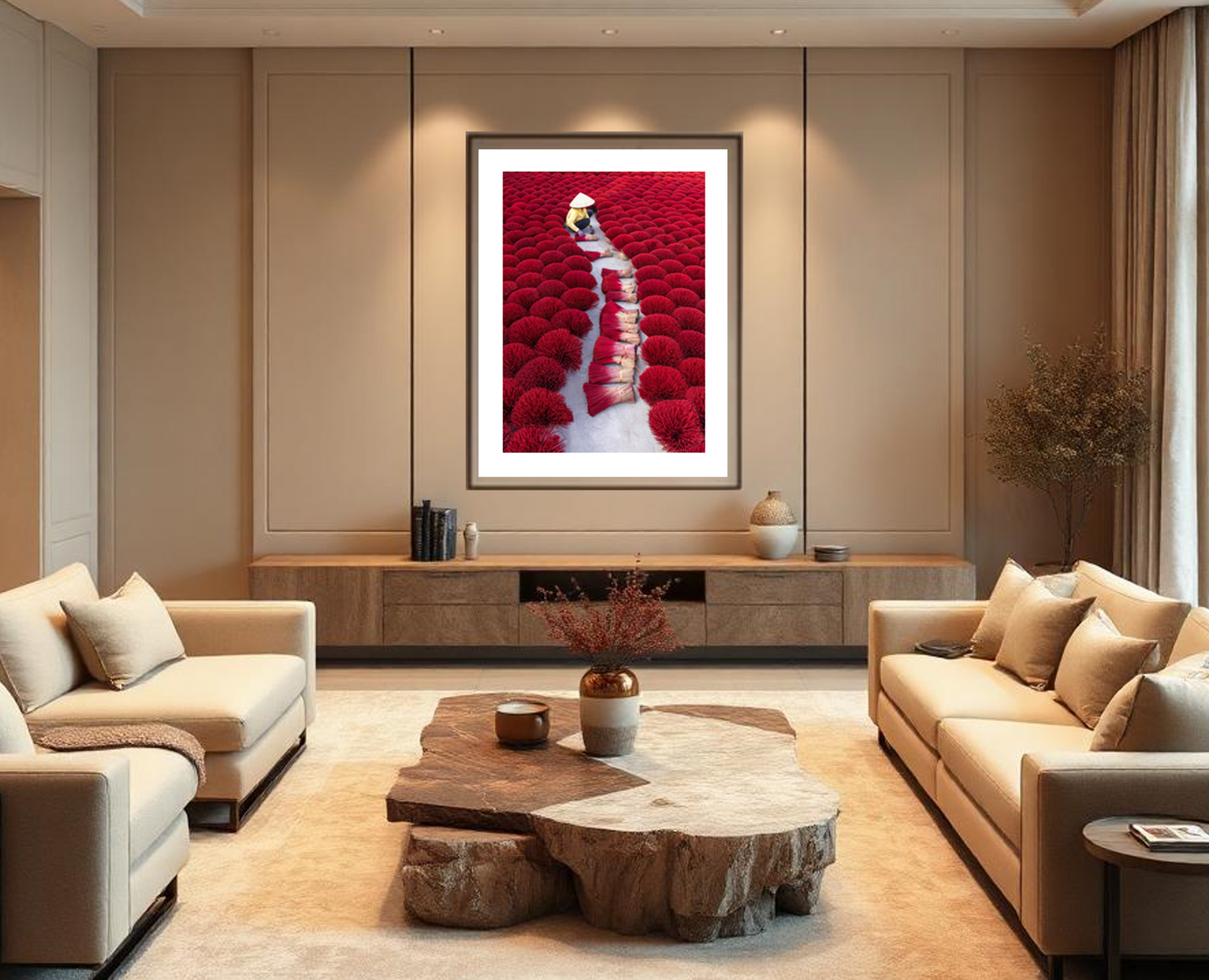 Modern living room with beige sofas, wooden coffee table, and a framed artwork on the wall.
