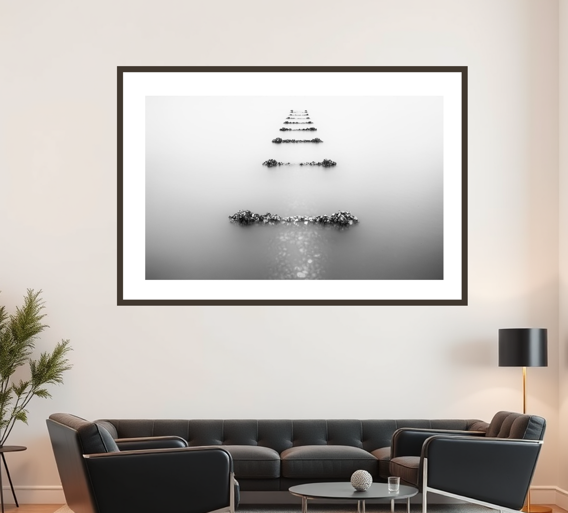 Framed black and white museum quality photography on a wall above a modern sofa in a living room.