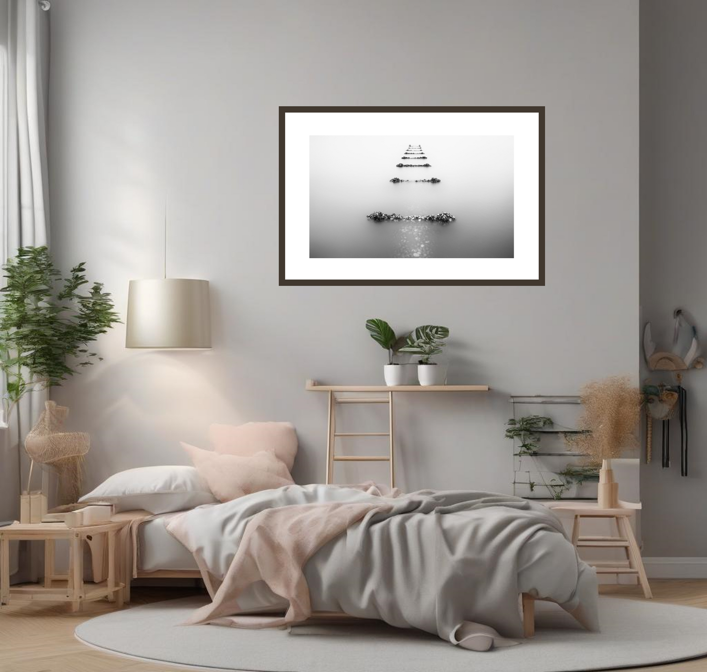 Modern bedroom with a framed black and white artwork on the wall, plants, and wooden furniture.