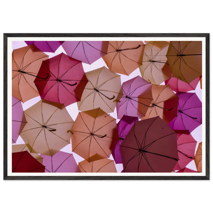 Photography of enchanting sight of a ceiling formed with open umbrellas in soft muted pink and nude tones. Customized Size. Poster. Frame.