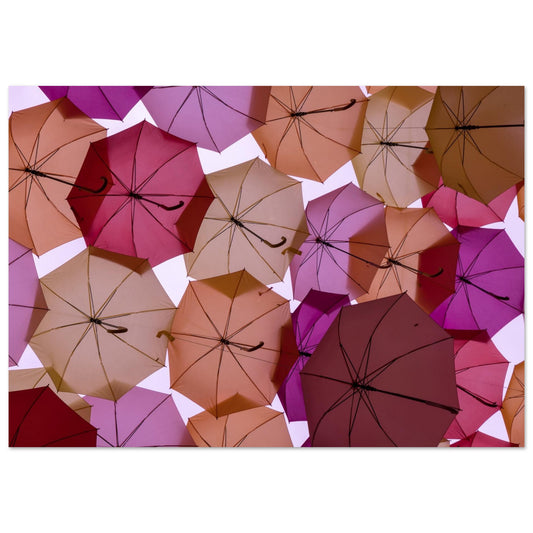 Photography of enchanting sight of a ceiling formed with open umbrellas in soft muted pink and nude tones. Customized Size. Poster. Metallic.