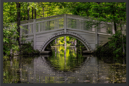 White bridge over a calm pond with greenery on either side